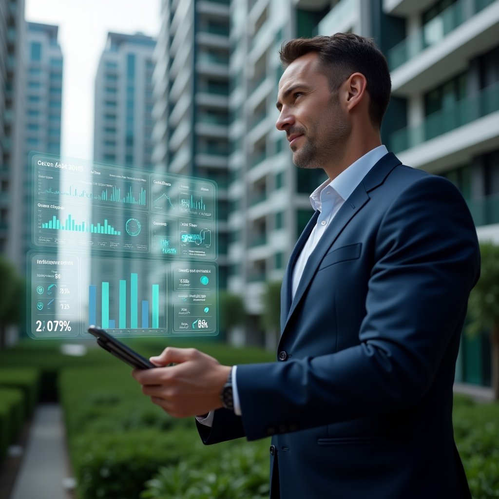 (Ultra-realistic condominium manager in a navy suit, set in a modern luxury condominium environment with high-rise buildings and green landscaping, confidently reviewing a holographic financial dashboard showing transparent budget charts with green checkmarks and conflict-free icons while holding a tablet, cinematic lighting, shallow depth of field, highly detailed textures, realistic skin, photographic realism, 8k resolution --ar 1:1 --v 6)