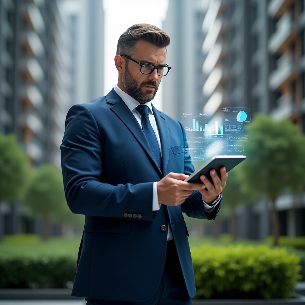 (Ultra-realistic condominium manager in a navy blue tailored suit, set in a modern luxury condominium environment with high-rise buildings and lush green landscaping, holding a tablet displaying floating holographic financial charts, confident expression analyzing transparent spreadsheets, cinematic lighting, shallow depth of field, highly detailed textures, realistic skin, photographic realism, 8k resolution --ar 1:1 --v 6)
