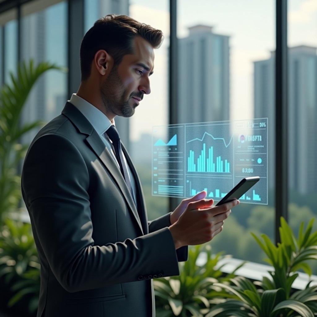 Ultra-realistic condominium manager in a charcoal gray suit, set in a modern luxury condominium environment with high-rise buildings and green landscaping, medium close-up of a confident professional reviewing a holographic financial report with floating bar charts and pie graphs, cinematic lighting, shallow depth of field, highly detailed textures, realistic skin, photographic realism, 8k resolution --ar 1:1 --v 6