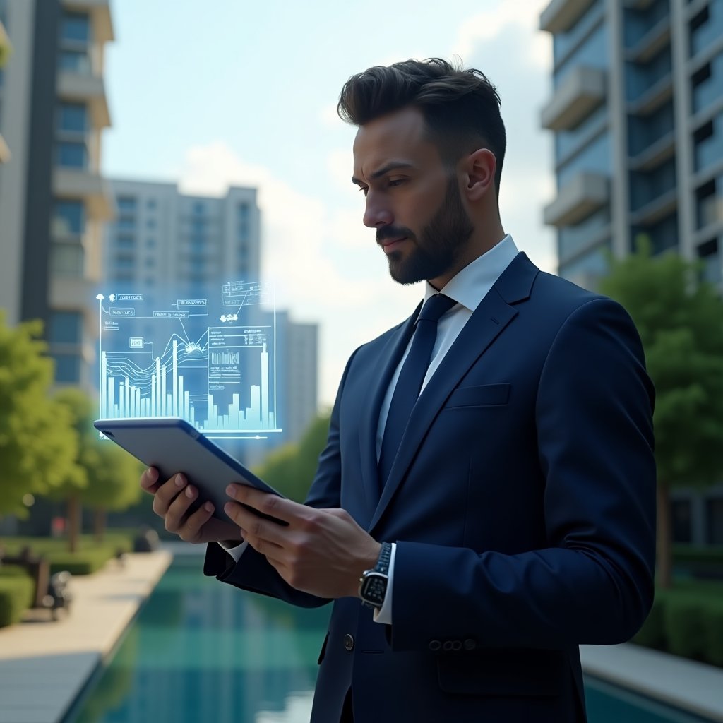 Ultra-realistic condominium manager in a navy blue modern business suit, set in a modern luxury condominium environment with high-rise buildings and green landscaping, confidently analyzing a holographic financial report projected above a sleek tablet, floating charts and graphs representing financial data, cinematic lighting, shallow depth of field, highly detailed textures, realistic skin, photographic realism, 8k resolution --ar 1:1 --v 6