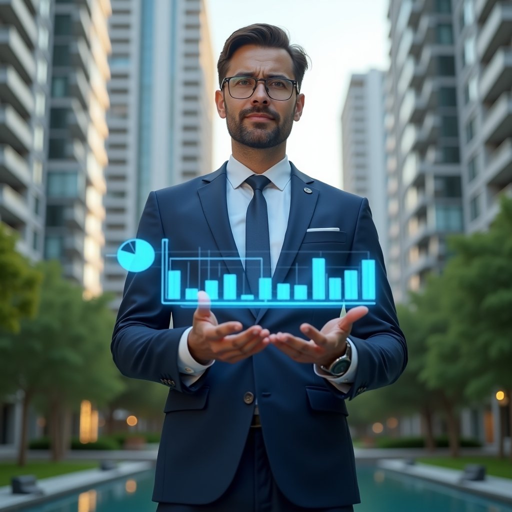Ultra-realistic condominium manager in a tailored navy blue suit, set in a modern luxury condominium environment with high-rise buildings and lush green landscaping, standing mid-shot presenting a holographic financial report with floating 3D bar and pie charts, confident and focused expression, cinematic lighting, shallow depth of field, highly detailed textures, realistic skin, photographic realism, 8k resolution --ar 1:1 --v 6
