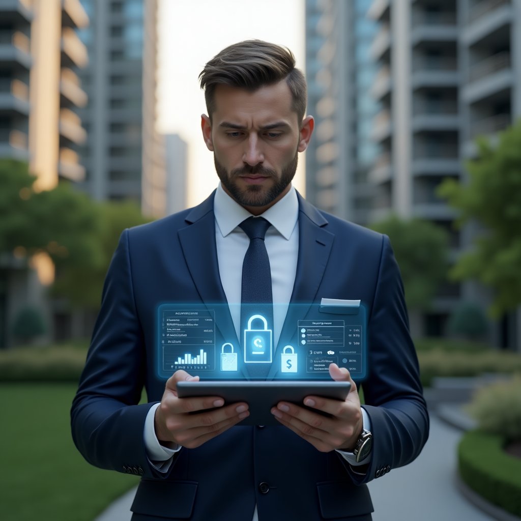 (Ultra-realistic condominium manager in a navy blue executive suit, set in a modern luxury condominium environment with high-rise buildings and well-manicured green landscaping, holding a tablet displaying holographic financial charts and security lock icons, analyzing reports with a confident expression, cinematic lighting, shallow depth of field, highly detailed textures, realistic skin, photographic realism, 8k resolution --ar 1:1 --v 6)