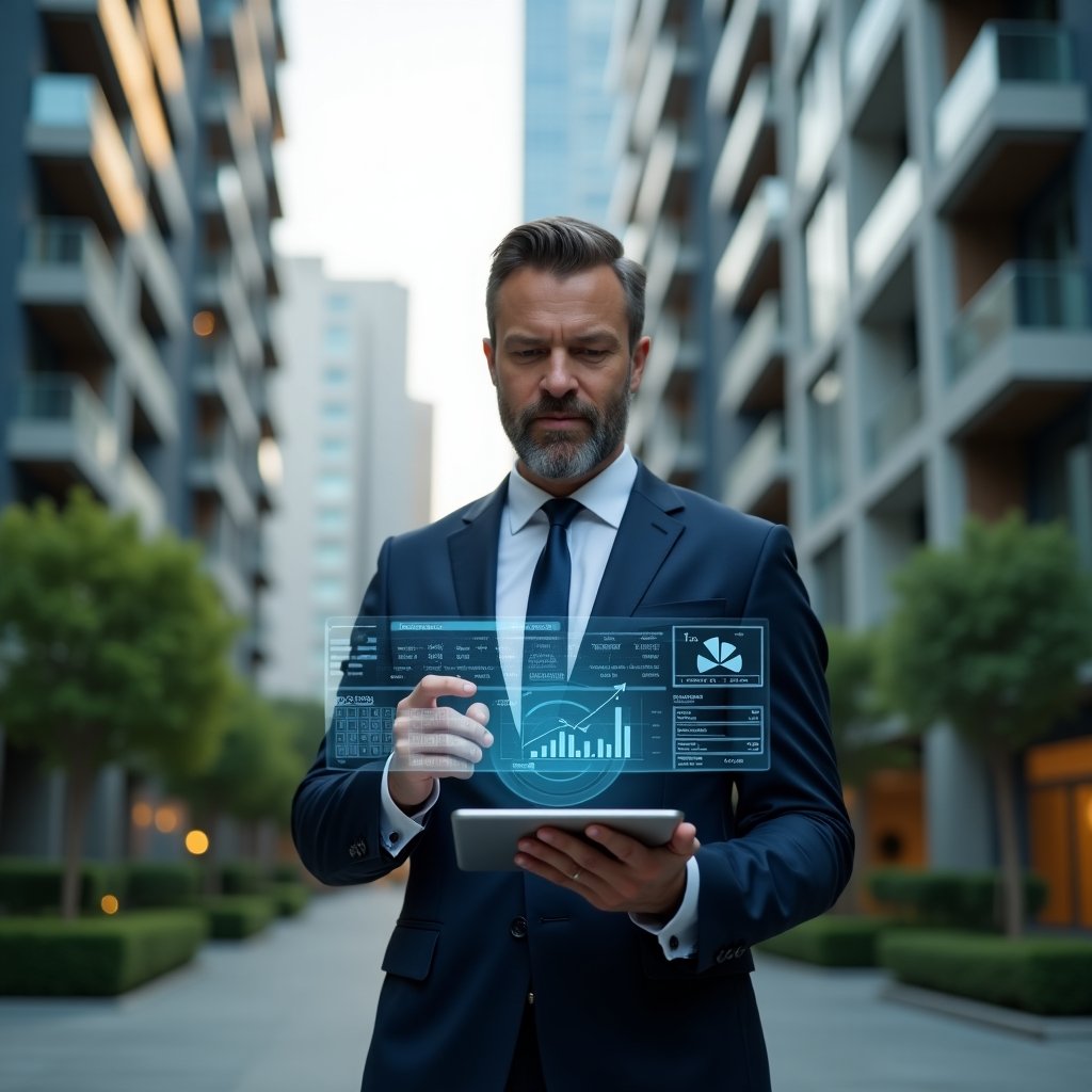 (Ultra-realistic property manager in a navy blue suit, set in a modern luxury condominium environment with high-rise buildings and green landscaping, holding a tablet with holographic financial charts floating above the screen, confidently analyzing online accounting data, holographic icons of charts and ledgers around, cinematic lighting, shallow depth of field, highly detailed textures, realistic skin, photographic realism, 8k resolution --ar 1:1 --v 6)
