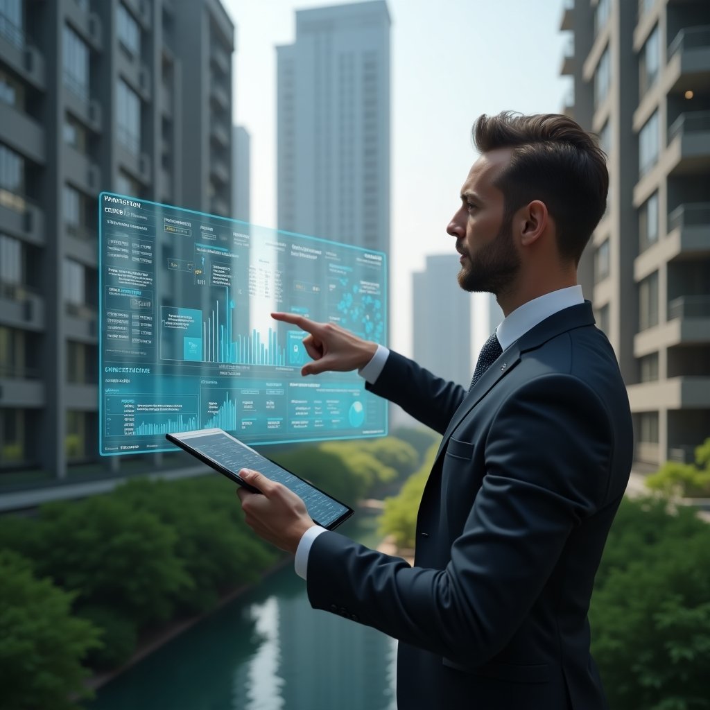 Ultra-realistic condominium manager in a dark gray modern suit, set in a modern luxury condominium environment with high-rise buildings and green landscaping, holding a tablet and pointing at a floating holographic financial dashboard, holographic charts and graphs symbolizing online accounting transparency, confident and analytical expression, cinematic lighting, shallow depth of field, highly detailed textures, realistic skin, photographic realism, 8k resolution --ar 1:1 --v 6