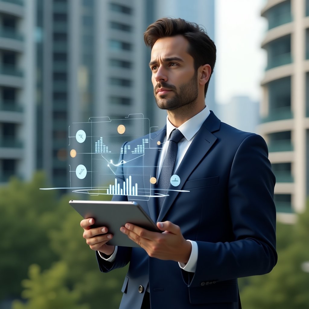 (Ultra-realistic condominium manager in a navy blue tailored suit, set in a modern luxury condominium environment with high-rise buildings and green landscaping, holding a tablet displaying interactive holographic financial charts, surrounded by floating icons of coins and bar graphs, confident and thoughtful expression, cinematic lighting, shallow depth of field, highly detailed textures, realistic skin, photographic realism, 8k resolution --ar 1:1 --v 6)