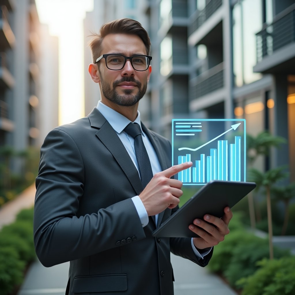 Ultra-realistic condominium manager in a charcoal grey tailored suit, set in a modern luxury condominium environment with high-rise buildings and green landscaping, holding a tablet and pointing at a floating holographic financial chart representing online accounting, confident expression, cinematic lighting, shallow depth of field, highly detailed textures, realistic skin, photographic realism, 8k resolution --ar 1:1 --v 6