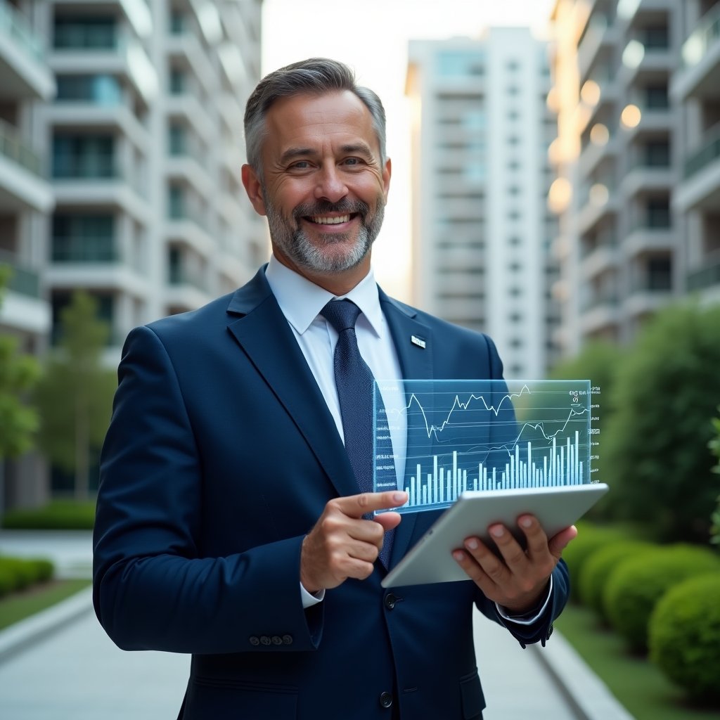 (Ultra-realistic condominium manager in a navy blue suit, set in a modern luxury condominium environment with high-rise buildings and manicured green landscaping, holding a tablet displaying holographic financial charts and pointing to floating digital graphs symbolizing transparency and efficiency, confident expression, cinematic lighting, shallow depth of field, highly detailed textures, realistic skin, photographic realism, 8k resolution --ar 1:1 --v 6)
