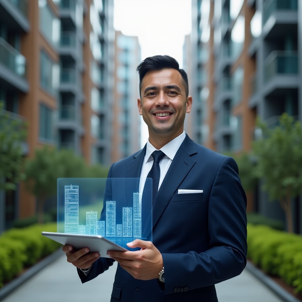 (Ultra-realistic professional condominium manager in a tailored navy-blue suit, set in a modern luxury condominium environment with high-rise buildings and manicured green spaces, holding a tablet and presenting a translucent holographic financial chart illustrating transparent accounting, confident and approachable expression, cinematic lighting, shallow depth of field, highly detailed textures, realistic skin, photographic realism, 8k resolution --ar 1:1 --v 6)