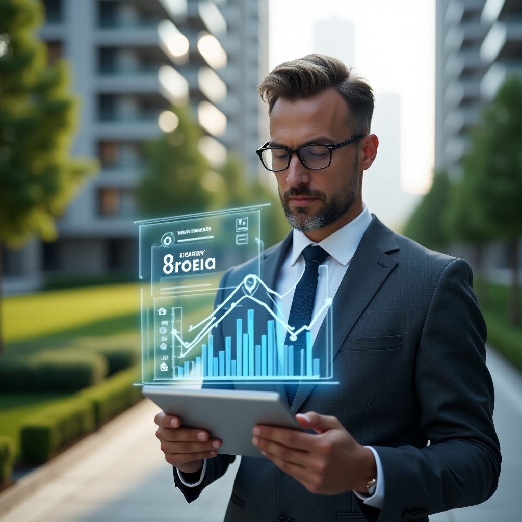 (Ultra-realistic condominium manager in a charcoal gray suit, set in a modern luxury condominium environment with high-rise buildings and manicured green landscaping, confidently reviewing a transparent holographic financial report on a sleek tablet, surrounded by floating bar charts and a magnifying glass icon symbolizing clarity, cinematic lighting, shallow depth of field, highly detailed textures, realistic skin, photographic realism, 8k resolution --ar 1:1 --v 6)
