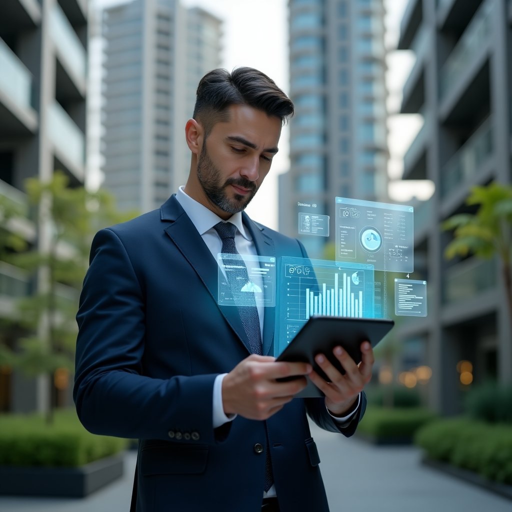 (Ultra-realistic condominium manager in a tailored navy blue suit, set in a modern luxury condominium environment with high-rise buildings and lush green landscaping, medium shot of a confident manager reviewing a digital tablet displaying holographic financial charts and transparent ledgers, floating pie charts and bar graphs symbolizing transparent accounting, cinematic lighting, shallow depth of field, highly detailed textures, realistic skin, photographic realism, 8k resolution --ar 1:1 --v 6)