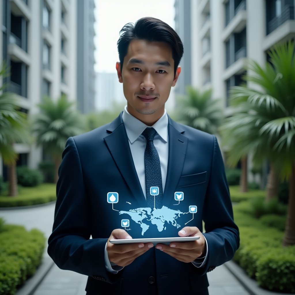 (Ultra-realistic condominium manager wearing a navy business suit, set in a modern luxury condominium environment with tall high-rise towers and lush green gardens, holding a tablet displaying a holographic map with water droplet icons and mosquito symbols marking breeding hotspots, focused and confident expression, cinematic lighting, shallow depth of field, highly detailed textures, realistic skin, photographic realism, 8k resolution --ar 1:1 --v 6)