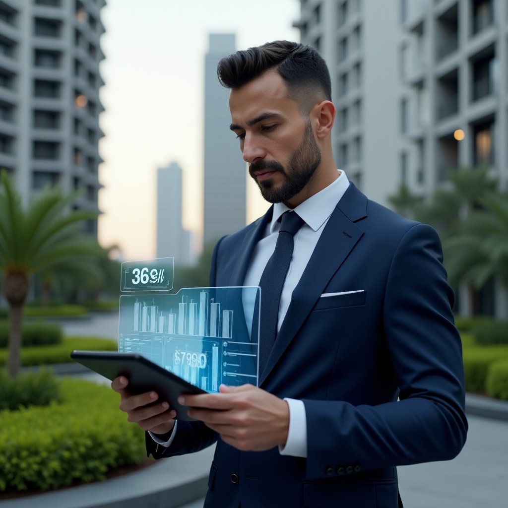 Ultra-realistic condominium manager in a tailored navy blue suit, set in a modern luxury condominium environment with high-rise buildings and manicured green landscaping, holding a tablet displaying holographic cost-reduction charts and currency icons, confidently analyzing data with a thoughtful expression, cinematic lighting, shallow depth of field, highly detailed textures, realistic skin, photographic realism, 8k resolution --ar 1:1 --v 6