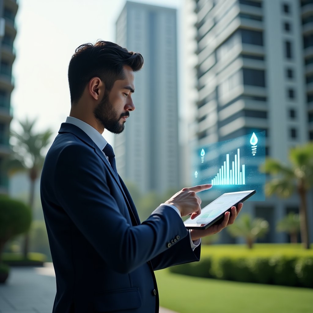 Ultra-realistic condominium manager in a navy blue tailored suit, set in a modern luxury condominium environment with high-rise buildings and lush green landscaping, holding a tablet with energy and water consumption graphs and pointing at holographic water drop and light bulb icons to illustrate smart cost-saving strategies, cinematic lighting, shallow depth of field, highly detailed textures, realistic skin, photographic realism, 8k resolution --ar 1:1 --v 6