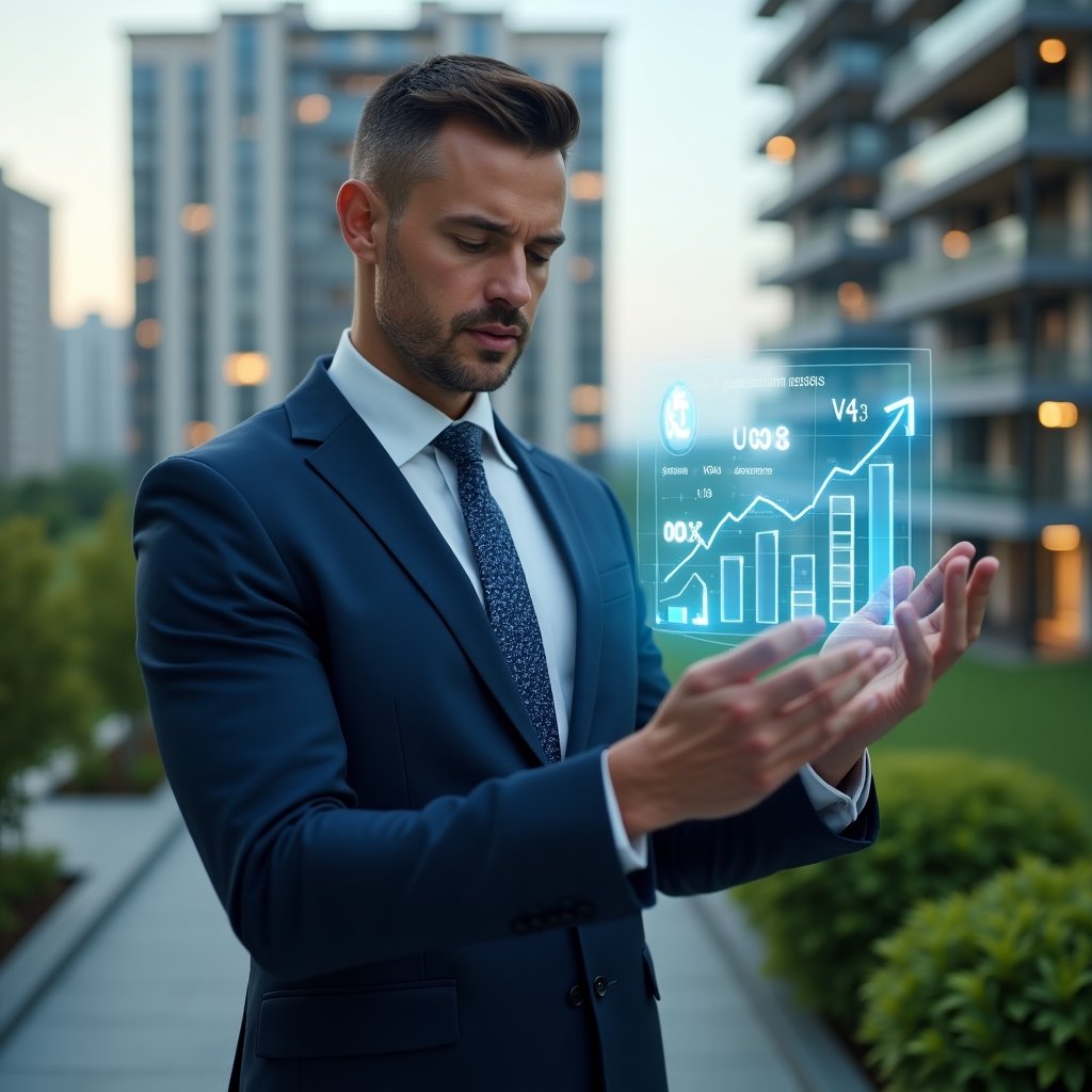 (Ultra-realistic condominium manager in a tailored navy blue suit, set in a modern luxury condominium environment with high-rise buildings and lush green landscaping, analyzing holographic financial charts floating before them, with digital payment icons and an upward-trending arrow symbolizing reduced defaults, confident expression, cinematic lighting, shallow depth of field, highly detailed textures, realistic skin, photographic realism, 8k resolution --ar 1:1 --v 6)