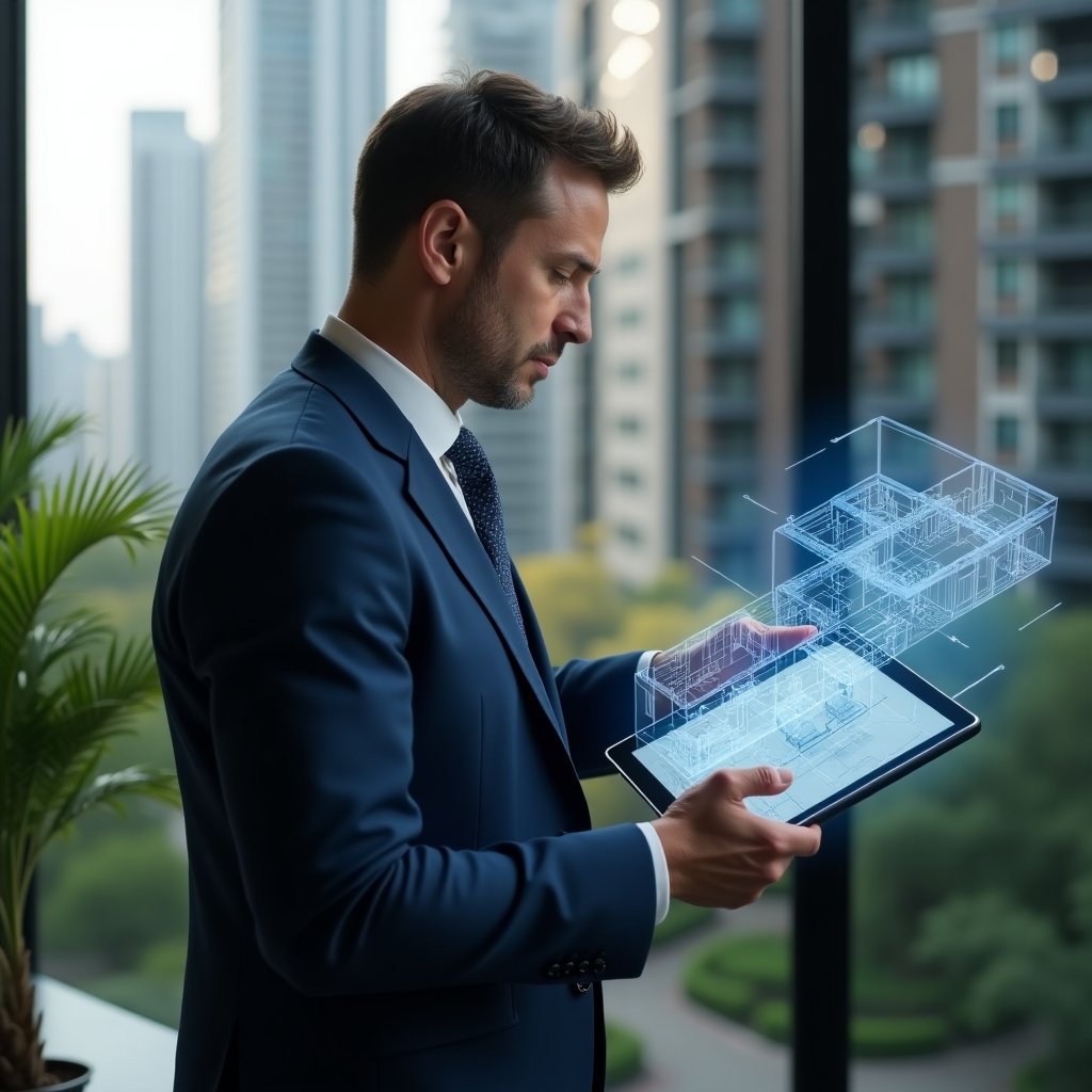 Ultra-realistic condominium manager in a tailored navy-blue suit, set in a modern luxury condominium environment with high-rise buildings and lush green landscaping, holding a tablet with a holographic floor plan while reviewing renovation permissions, a semi-transparent blueprint icon floating beside the screen, cinematic lighting, shallow depth of field, highly detailed textures, realistic skin, photographic realism, 8k resolution --ar 1:1 --v 6