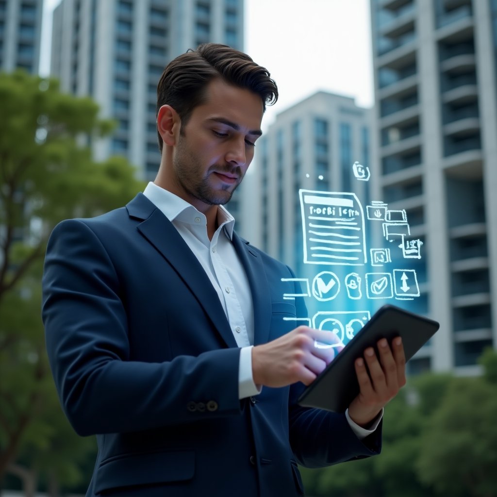 Ultra-realistic condominium manager in a navy blue suit, set in a modern luxury condominium environment with high-rise buildings and lush green landscaping, confidently reviewing a holographic interface of condominium bylaws projected from a tablet, glowing checklist and document icons floating around, cinematic lighting, shallow depth of field, highly detailed textures, realistic skin, photographic realism, 8k resolution --ar 1:1 --v 6