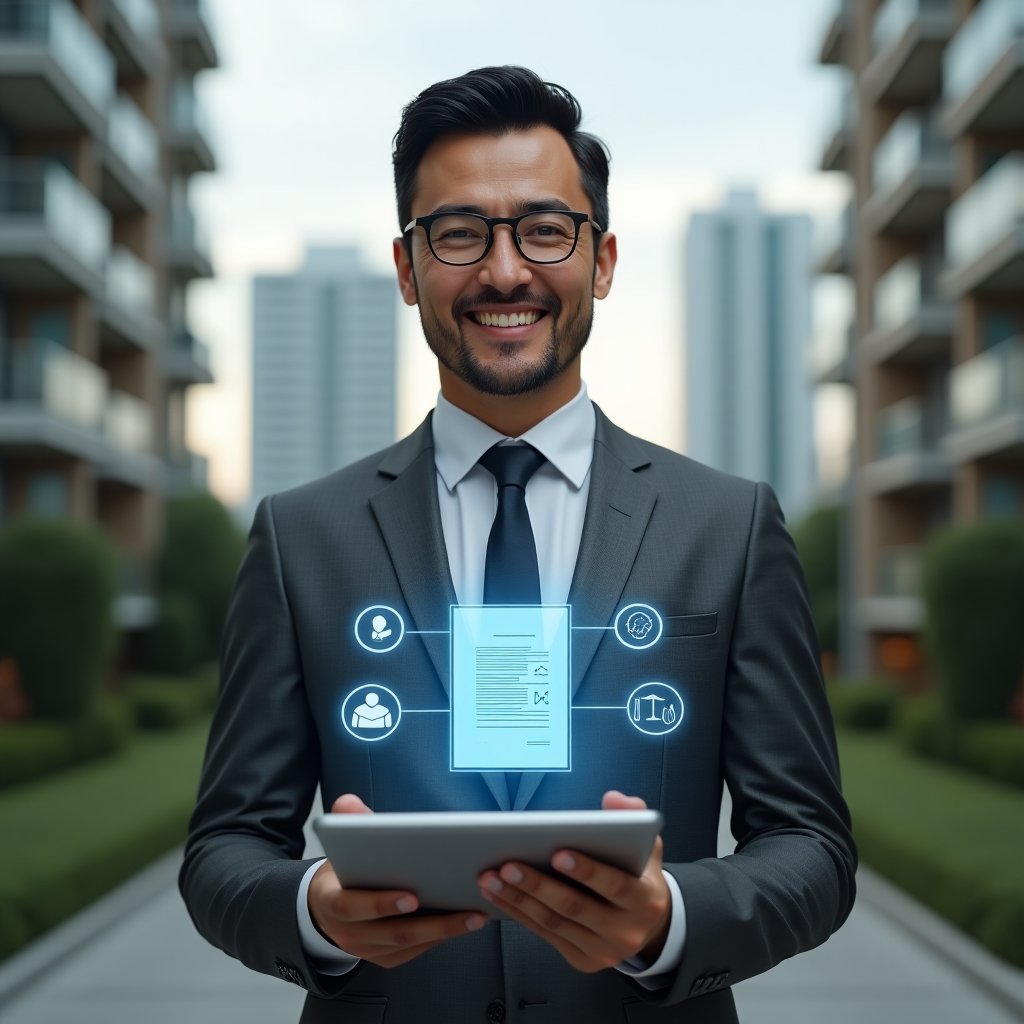 Ultra-realistic condominium manager in a charcoal gray suit, set in a modern luxury condominium environment with high-rise buildings and manicured gardens, holding a digital tablet displaying a holographic internal regulation document, surrounded by floating icons of handshake, document, and scales of justice, confident and approachable expression, cinematic lighting, shallow depth of field, highly detailed textures, realistic skin, photographic realism, 8k resolution --ar 1:1 --v 6