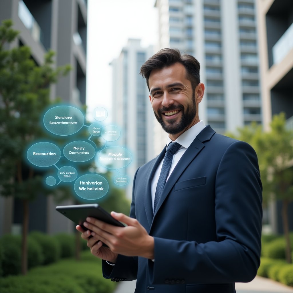 (Ultra-realistic condominium manager in a navy blue suit, set in a modern luxury condominium environment with high-rise buildings and well-maintained green landscaping, holding a tablet projecting holographic icons of communication bubbles and seven golden rules for harmonious living, smiling confidently as if explaining community guidelines, cinematic lighting, shallow depth of field, highly detailed textures, realistic skin, photographic realism, 8k resolution --ar 1:1 --v 6)