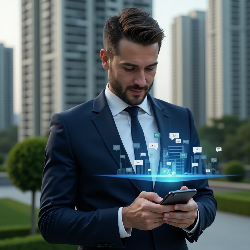 (Ultra-realistic condominium manager in a tailored navy suit, set in a modern luxury condominium environment with high-rise buildings and green landscaping, confidently interacting with a smartphone that projects a holographic condominium management app interface featuring floating icons for reservations, messages and financial graphs, cinematic lighting, shallow depth of field, highly detailed textures, realistic skin, photographic realism, 8k resolution --ar 1:1 --v 6)