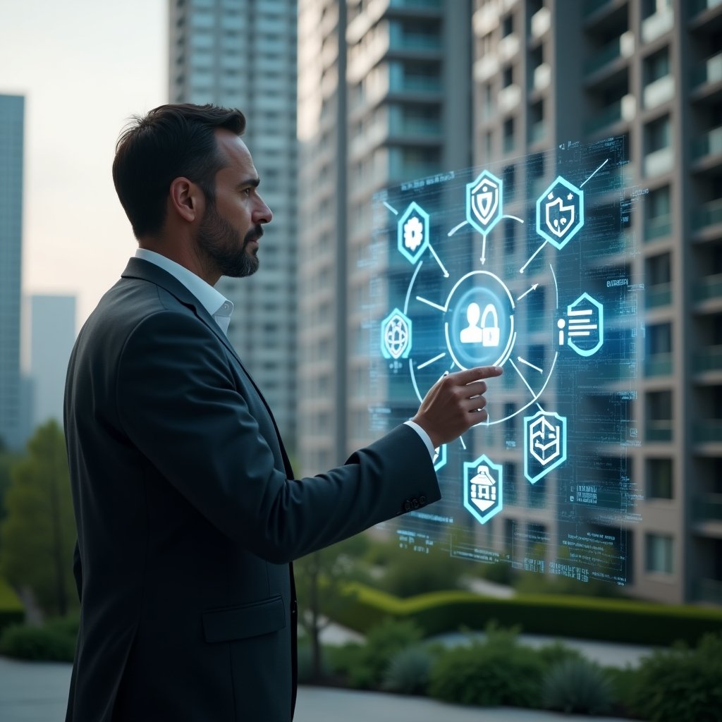 (Ultra-realistic condominium manager in a charcoal grey suit, set in a modern luxury condominium environment with high-rise buildings and manicured green landscaping, confidently analyzing a holographic building automation interface with glowing IoT and security icons, cinematic lighting, shallow depth of field, highly detailed textures, realistic skin, photographic realism, 8k resolution --ar 1:1 --v 6)