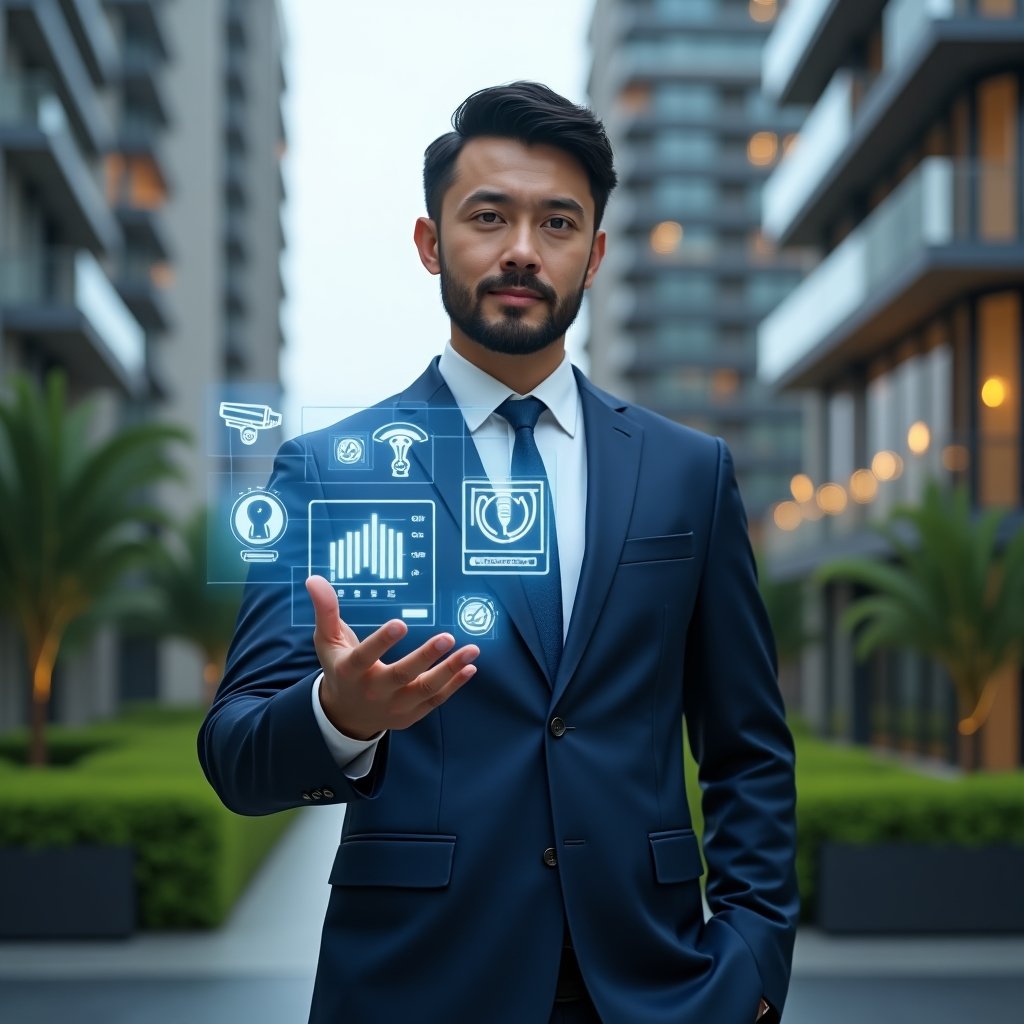 (Ultra-realistic condominium manager in a navy blue suit, set in a modern luxury condominium environment with high-rise buildings and green landscaping, confidently interacting with a floating holographic control panel displaying security camera feeds, energy consumption graphs and smart sensor icons, cinematic lighting, shallow depth of field, highly detailed textures, realistic skin, photographic realism, 8k resolution --ar 1:1 --v 6)
