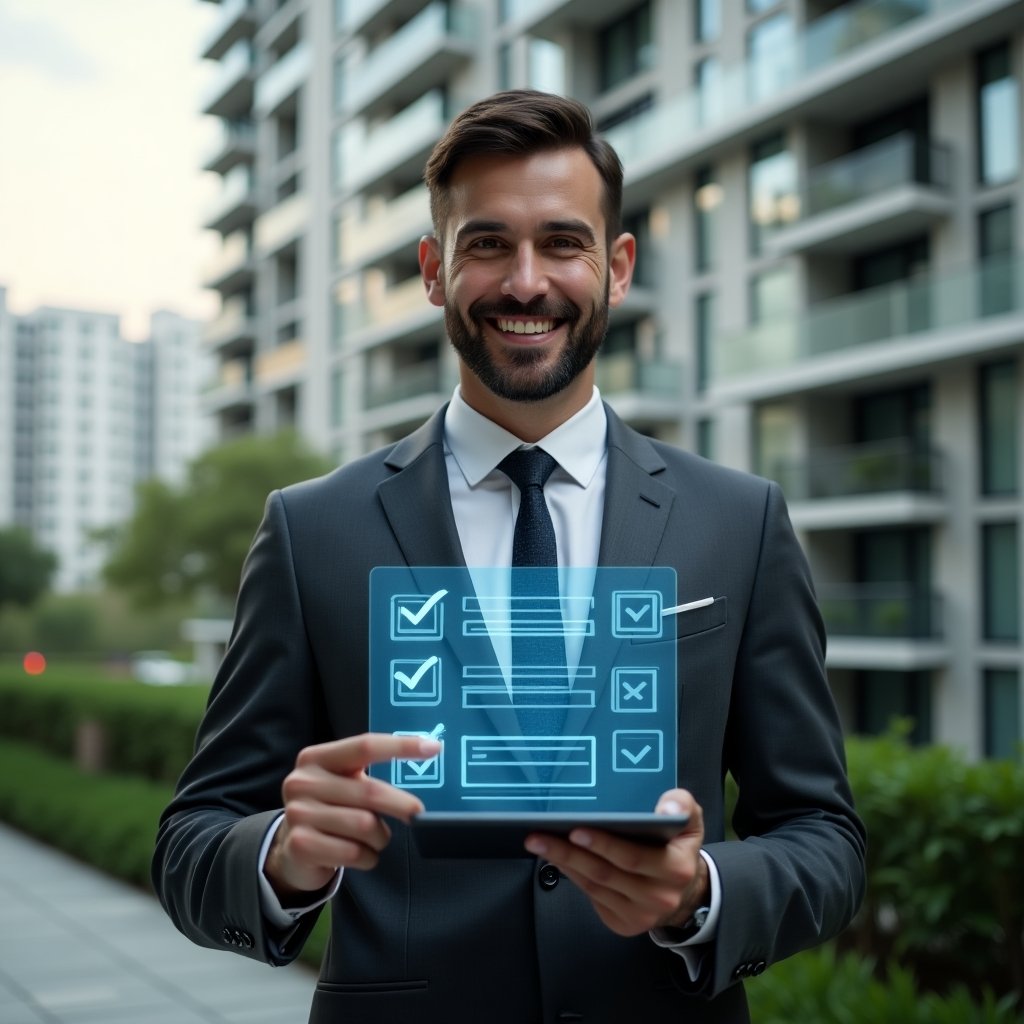 Ultra-realistic condominium manager in a charcoal gray tailored suit, set in a modern luxury condominium environment with high-rise buildings and green landscaping, holding a tablet displaying a holographic assembly agenda with checkmarks and voting icons, confidently pointing at a digital checklist, cinematic lighting, shallow depth of field, highly detailed textures, realistic skin, photographic realism, 8k resolution --ar 1:1 --v 6
