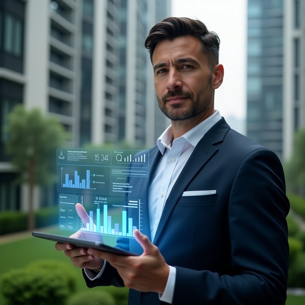 (Ultra-realistic condominium manager in a navy suit and white shirt, set in a modern luxury condominium environment with high-rise buildings and meticulously maintained greenery, holding a tablet displaying an interactive holographic condominium management app interface, pointing at floating charts representing streamlined communication and financial indicators, confident and focused expression, cinematic lighting, shallow depth of field, highly detailed textures, realistic skin, photographic realism, 8k resolution --ar 1:1 --v 6)