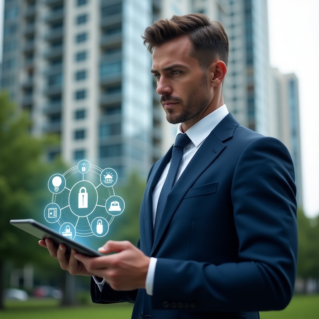 Ultra-realistic condominium manager in a navy blue business suit, set in a modern luxury condominium environment with high-rise buildings and lush green landscaping, holding a tablet projecting holographic icons of AI cameras, smart access control and sensor networks, expression confident and focused, cinematic lighting, shallow depth of field, highly detailed textures, realistic skin, photographic realism, 8k resolution --ar 1:1 --v 6