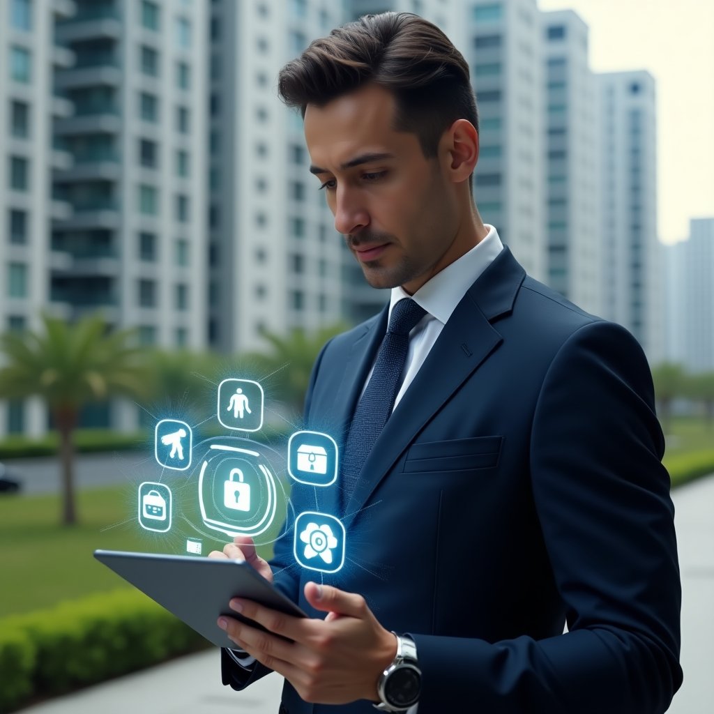 (Ultra-realistic property manager in a tailored navy suit, set in a modern luxury condominium environment with high-rise buildings and manicured green areas, holding a tablet and interacting with holographic security icons showing AI camera feeds and smart access controls, confident and focused expression, cinematic lighting, shallow depth of field, highly detailed textures, realistic skin, photographic realism, 8k resolution --ar 1:1 --v 6)