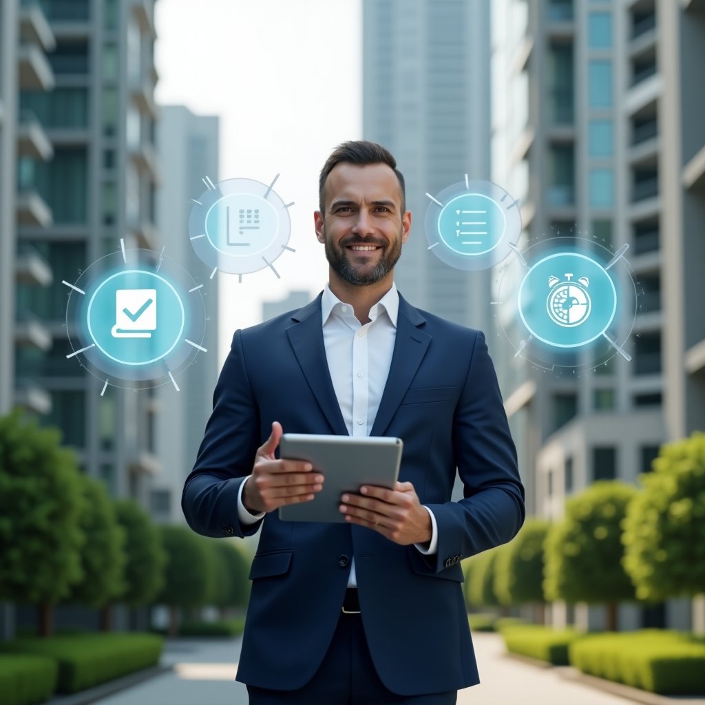 (Ultra-realistic condominium manager in a navy blue tailored suit and white shirt, set in a modern luxury condominium environment with high-rise glass towers and neatly manicured green landscaping, mid-shot, holding a tablet in one hand and confidently gesturing forward as if guiding an assembly, surrounded by semi-transparent holographic icons of a checklist, stopwatch, and voting ballot symbolizing agenda, time management, and digital voting, cinematic lighting, shallow depth of field, highly detailed textures, realistic skin, photographic realism, 8k resolution --ar 1:1 --v 6)