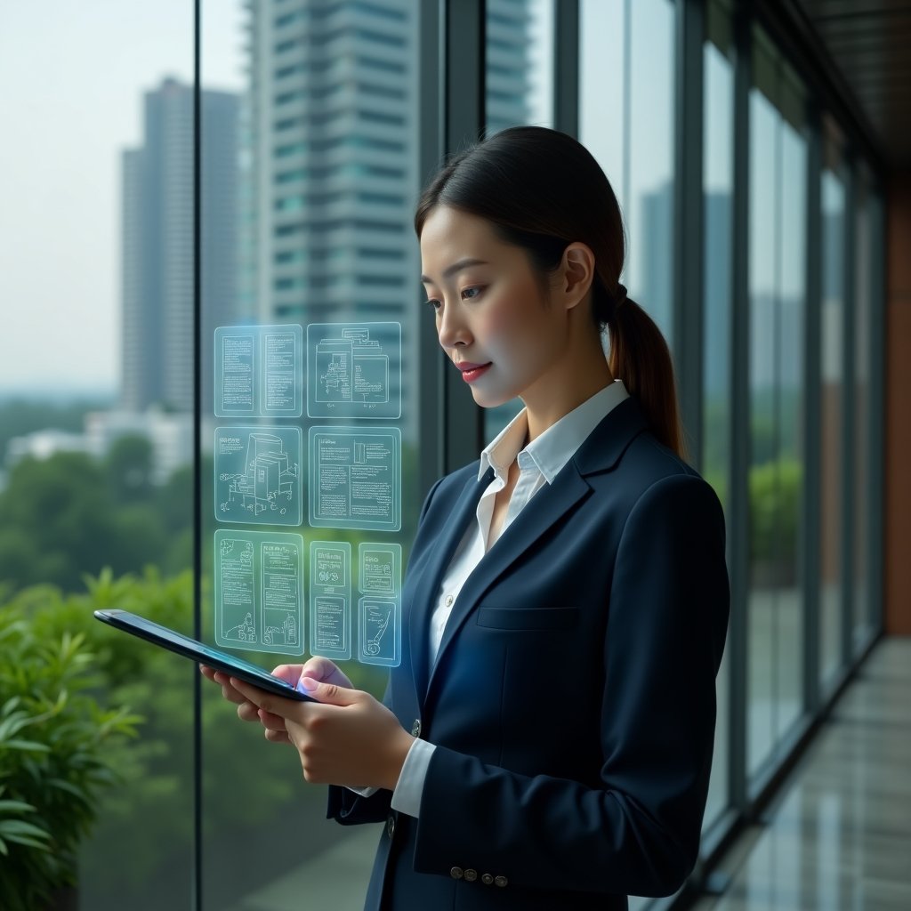 (Ultra-realistic condominium manager in a tailored navy suit, set in a modern luxury condominium environment with high-rise buildings and lush green landscaping, holding a tablet displaying holographic document icons, version control grids and floating acrostich-style symbols inspired by Japanese poetry, thoughtful and confident expression as she organizes digital files, cinematic lighting, shallow depth of field, highly detailed textures, realistic skin, photographic realism, 8k resolution --ar 1:1 --v 6)