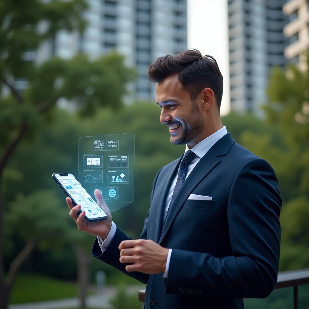 Ultra-realistic condominium manager in a tailored navy suit, set in a modern luxury condominium environment with high-rise buildings and lush green landscaping, engaging residents in discussion while holding a smartphone projecting a holographic condominium app interface, floating icons of communal areas and analytics charts, confidently smiling and gesturing toward the display, cinematic lighting, shallow depth of field, highly detailed textures, realistic skin, photographic realism, 8k resolution --ar 1:1 --v 6