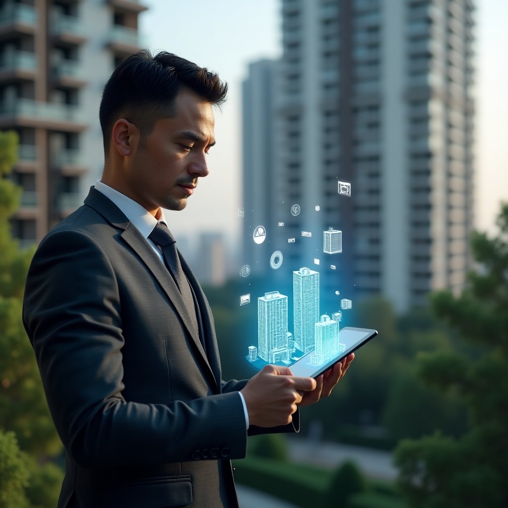 Ultra-realistic condominium manager in a dark gray tailored suit, set in a modern luxury condominium environment with high-rise buildings and green landscaping, examining a holographic condominium management app interface projected from a tablet, floating icons of apartment blocks and digital charts symbolizing an application for condominium and management app, cinematic lighting, shallow depth of field, highly detailed textures, realistic skin, photographic realism, 8k resolution --ar 1:1 --v 6