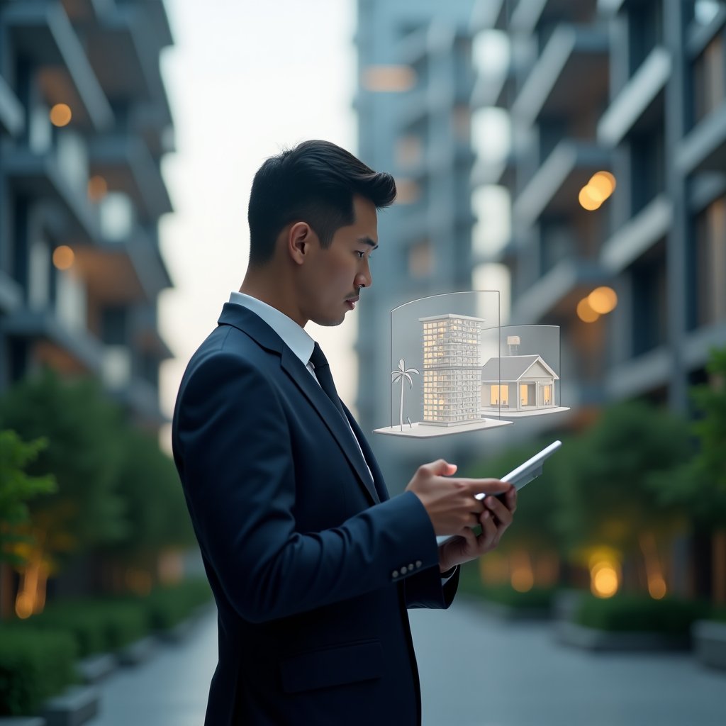 Ultra-realistic condominium manager in a dark navy business suit, set in a modern luxury condominium environment with high-rise buildings and green landscaping, holding a tablet and looking thoughtfully at two floating holographic icons of a commercial office building and a residential home representing professional versus resident manager, cinematic lighting, shallow depth of field, highly detailed textures, realistic skin, photographic realism, 8k resolution --ar 1:1 --v 6