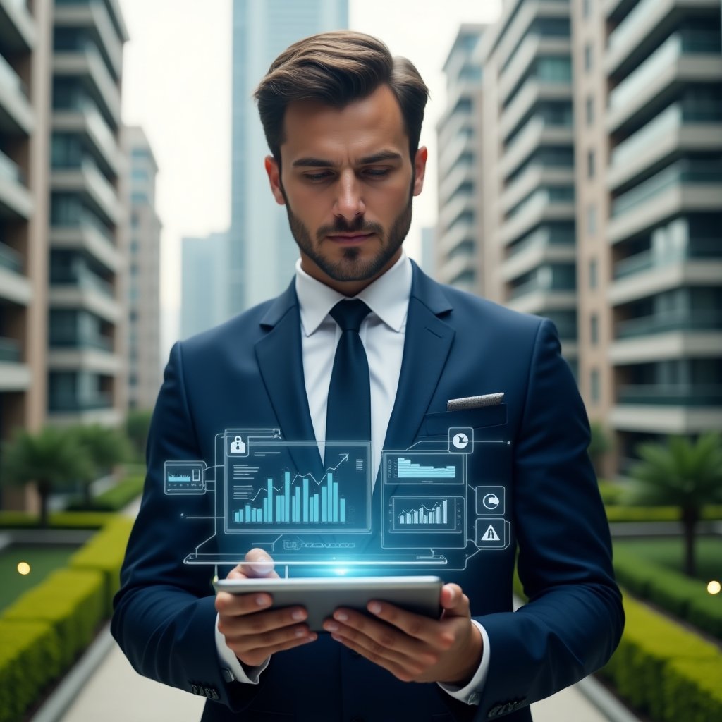 (Ultra-realistic condominium manager in a navy blue tailored suit, set in a modern luxury condominium environment with high-rise buildings and manicured green landscaping, reviewing a holographic dashboard of financial charts, service requests, and communication notifications on a transparent tablet, holographic icons representing finances, maintenance and messaging floating around, confident and focused expression, cinematic lighting, shallow depth of field, highly detailed textures, realistic skin, photographic realism, 8k resolution --ar 1:1 --v 6)