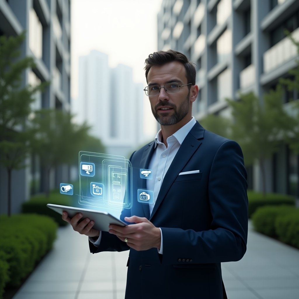 (Ultra-realistic condominium manager in a navy tailored suit, set in a modern luxury condominium environment with high-rise buildings and manicured green landscaping, standing mid-shot holding a transparent tablet displaying a holographic access control interface and security camera feed, floating icons of locks, surveillance cameras and chat bubbles symbolizing intelligent monitoring and communication, cinematic lighting, shallow depth of field, highly detailed textures, realistic skin, photographic realism, 8k resolution --ar 1:1 --v 6)