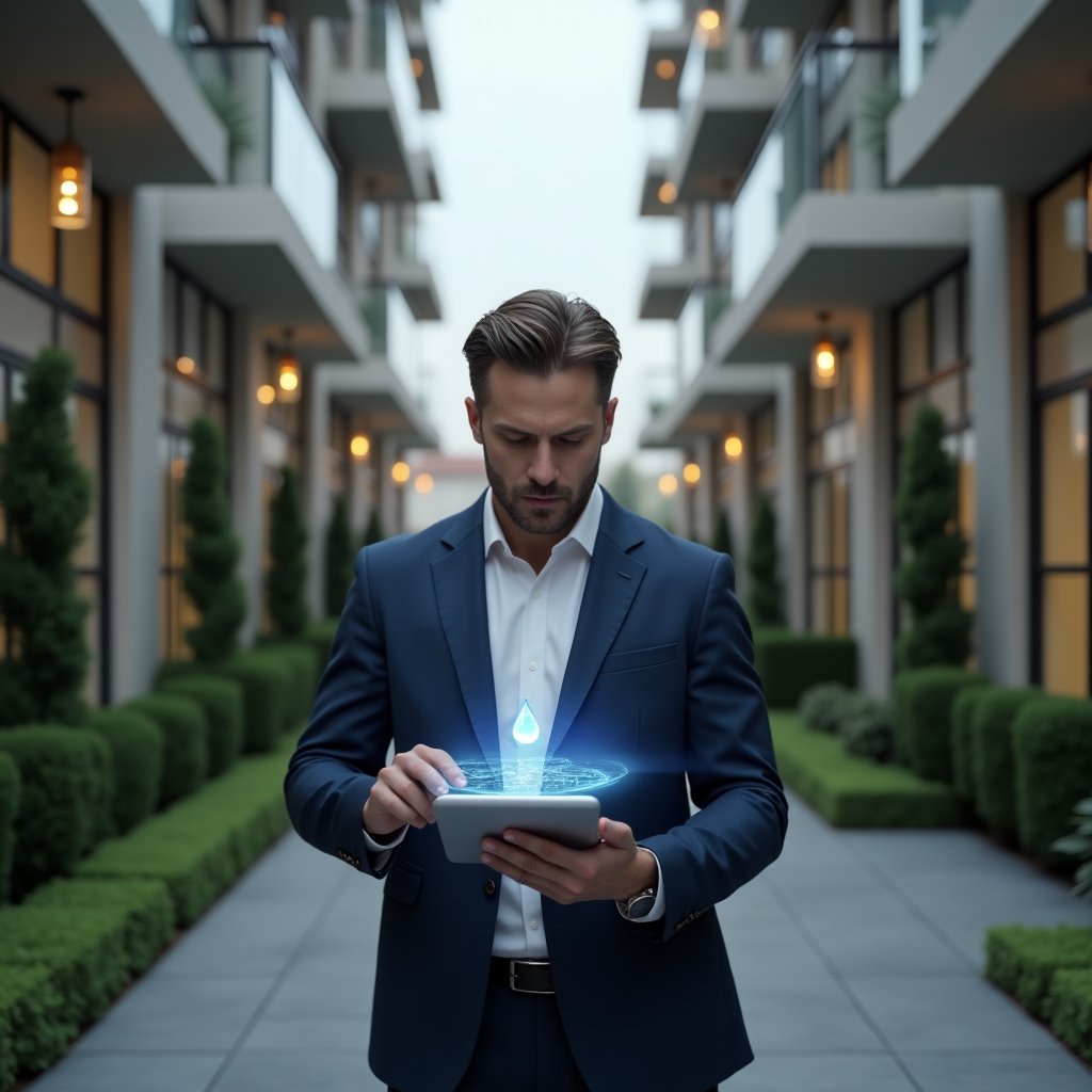 (Ultra-realistic property manager in a navy tailored suit, set in a modern luxury condominium environment with high-rise buildings and manicured green landscaping, inspecting a leaking pipe in a hallway while holding a tablet displaying floor plans, with a translucent water droplet hologram floating above the device, cinematic lighting, shallow depth of field, highly detailed textures, realistic skin, photographic realism, 8k resolution --ar 1:1 --v 6)