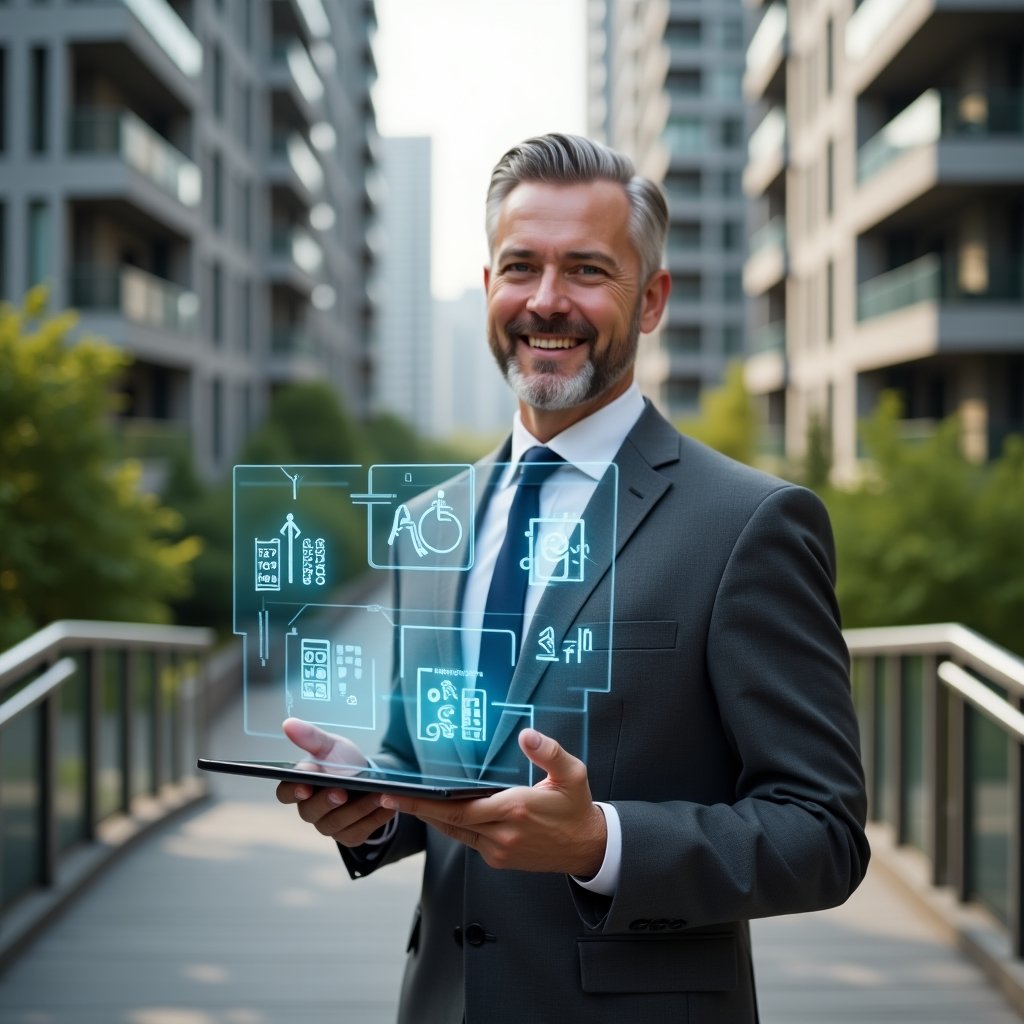 (Ultra-realistic condominium manager in a charcoal grey suit, set in a modern luxury condominium environment with high-rise buildings and green landscaping, standing next to an accessible ramp and holding a digital tablet projecting holographic accessibility icons like ramps and Braille signage, smiling confidently as if presenting inclusive design solutions, cinematic lighting, shallow depth of field, highly detailed textures, realistic skin, photographic realism, 8k resolution --ar 1:1 --v 6)