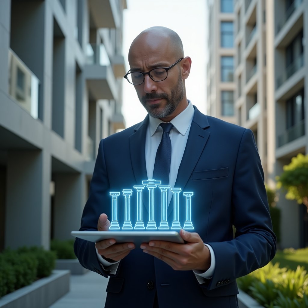 (Ultra-realistic condominium manager in a navy blue suit, set in a modern luxury condominium environment with high-rise buildings and green landscaping, holding a digital tablet displaying a holographic interface with seven pillar icons representing organization, communication, and innovation, cinematic lighting, shallow depth of field, highly detailed textures, realistic skin, photographic realism, 8k resolution --ar 1:1 --v 6)