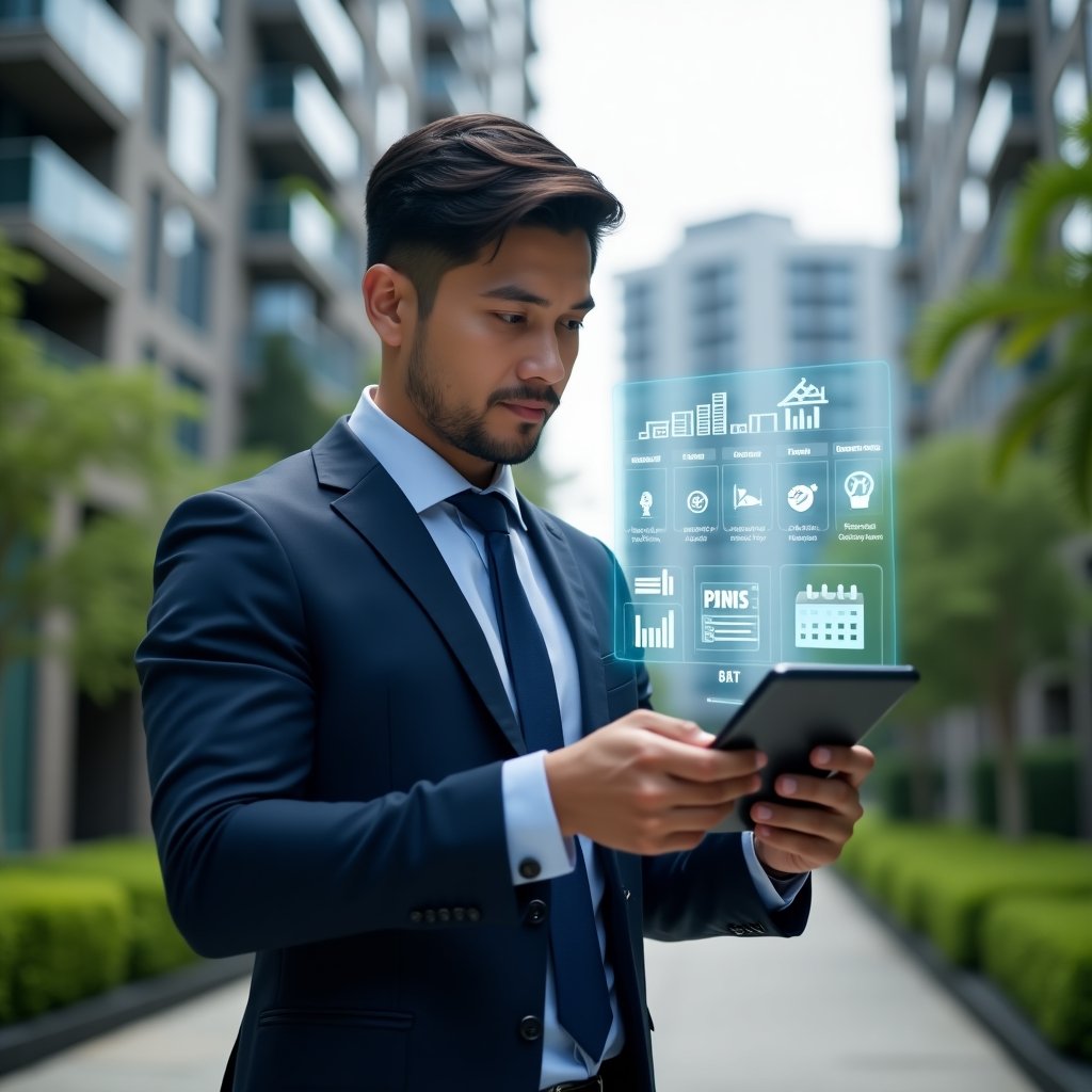 (Ultra-realistic condominium manager in a navy blue suit, set in a modern luxury condominium environment with high-rise buildings and lush green landscaping, reviewing a holographic activity schedule with floating calendar icons and financial graphs, confident and focused expression, cinematic lighting, shallow depth of field, highly detailed textures, realistic skin, photographic realism, 8k resolution --ar 1:1 --v 6)