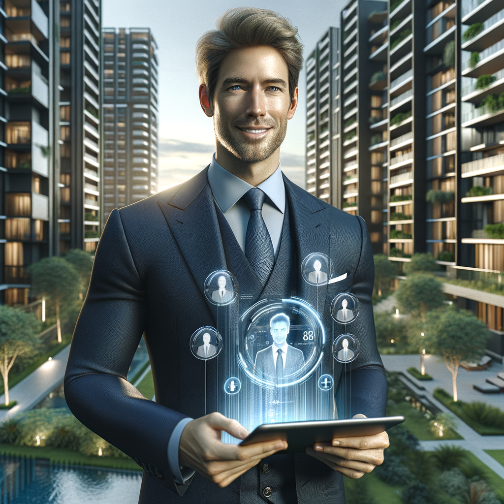 (Ultra-realistic condominium manager in a navy blue tailored suit, set in a modern luxury condominium environment with high-rise buildings and lush green landscaping, smiling confidently while holding a tablet projecting a holographic community chat bubble and neighbor avatars, cinematic lighting, shallow depth of field, highly detailed textures, realistic skin, photographic realism, 8k resolution --ar 1:1 --v 6)