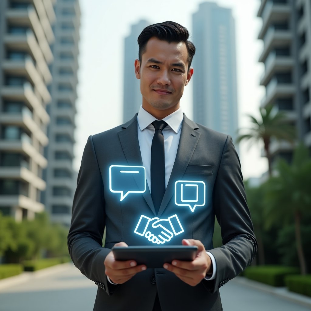 (Ultra-realistic condominium manager in a charcoal gray tailored suit, set in a modern luxury condominium environment with high-rise buildings and well-maintained green landscaping, medium close-up shot, confidently holding a tablet displaying floating holographic icons of chat bubbles and a handshake symbol, representing community harmony and conflict-free living, cinematic lighting, shallow depth of field, highly detailed textures, realistic skin, photographic realism, 8k resolution --ar 1:1 --v 6)