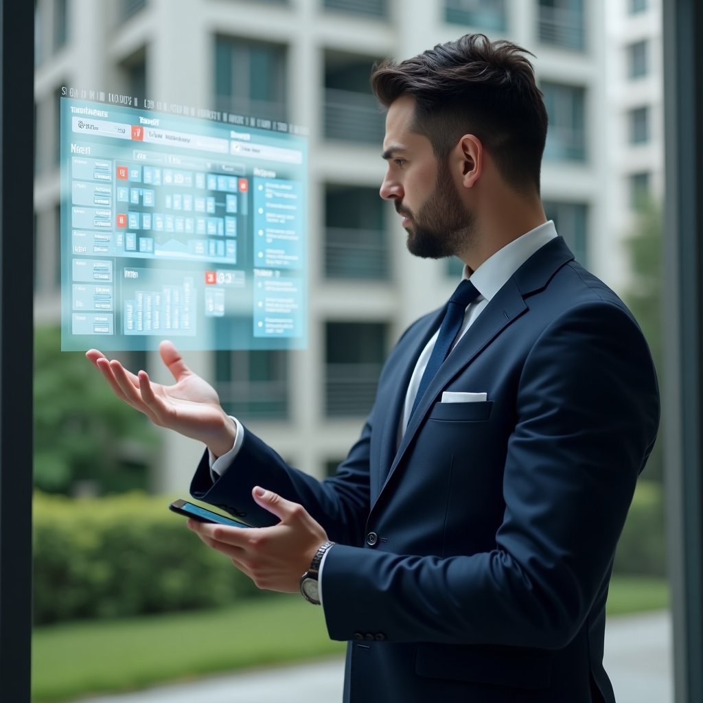 Ultra-realistic condominium manager in a tailored navy blue suit, set in a modern luxury condominium environment with high-rise buildings and green landscaping, interacting with a floating holographic calendar showing checklists and real-time report graphs, cinematic lighting, shallow depth of field, highly detailed textures, realistic skin, photographic realism, 8k resolution --ar 1:1 --v 6