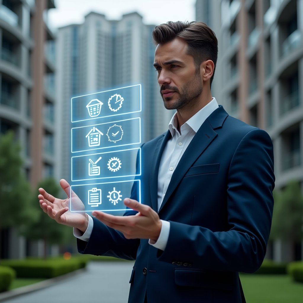 (Ultra-realistic condominium manager in a navy blue executive suit, set in a modern luxury condominium environment with high-rise buildings and manicured green landscaping, reviewing a floating holographic checklist of four warning icons representing common administrative errors with a thoughtful, confident expression, holographic UI elements for finance, communication, planning and automation glowing around, cinematic lighting, shallow depth of field, highly detailed textures, realistic skin, photographic realism, 8k resolution --ar 1:1 --v 6)