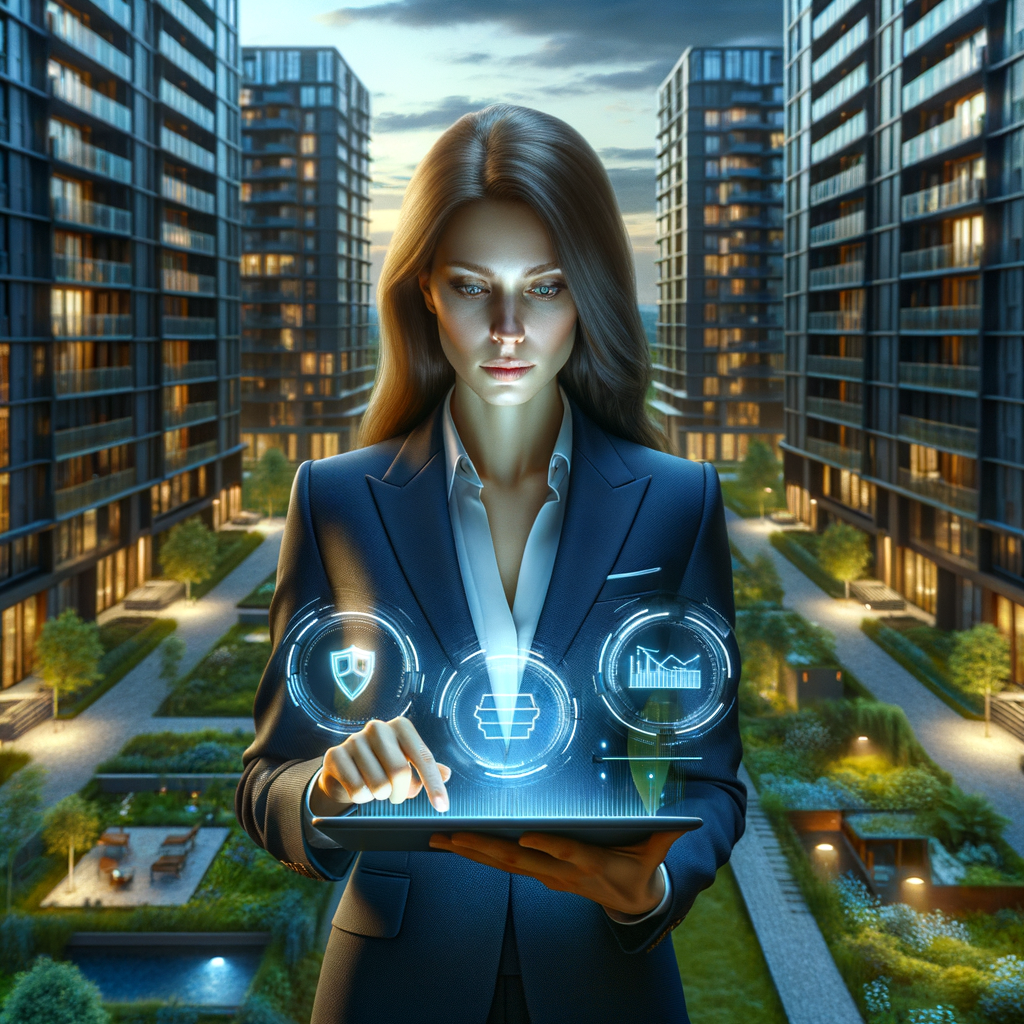 (Ultra-realistic condominium manager in a navy tailored suit, set in a modern luxury condominium environment with high-rise buildings and green landscaping, holding a tablet displaying holographic dashboard icons of maintenance, finance, and communication to symbolize efficient resource management, looking confident and focused, cinematic lighting, shallow depth of field, highly detailed textures, realistic skin, photographic realism, 8k resolution --ar 1:1 --v 6)