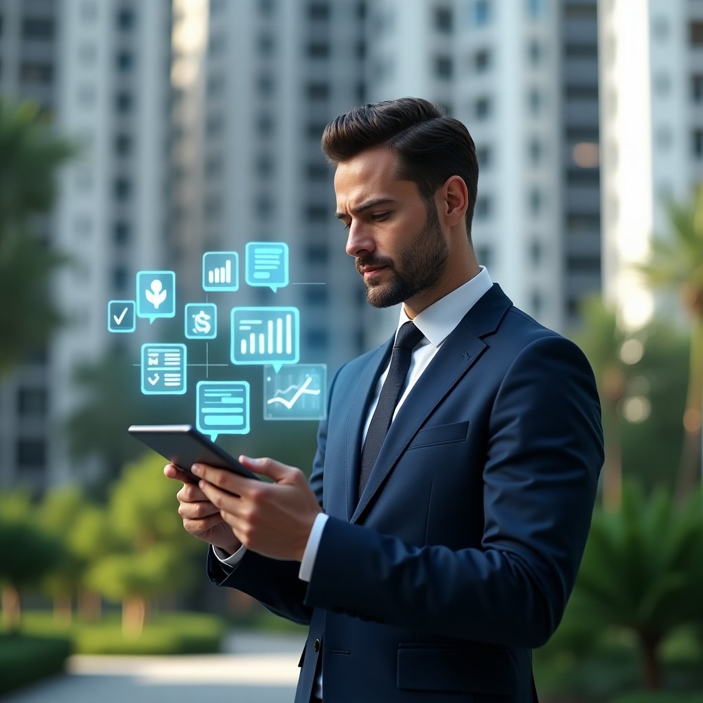 (Ultra-realistic condominium manager in a tailored navy blue suit, set in a modern luxury condominium environment with high-rise buildings and lush green landscaping, mid-shot of the manager holding a tablet and tapping as holographic icons of checklists, financial graphs and chat bubbles float above the screen, confident and focused expression, cinematic lighting, shallow depth of field, highly detailed textures, realistic skin, photographic realism, 8k resolution --ar 1:1 --v 6)