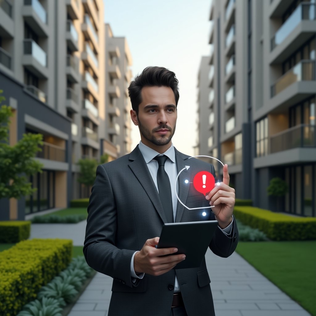 (Ultra-realistic condominium manager in a charcoal gray suit, set in a modern luxury condominium environment with high-rise buildings and manicured green landscaping, holding a tablet and pointing at a holographic red exclamation icon over a digital checklist of common administrative errors, thoughtful and confident expression, cinematic lighting, shallow depth of field, highly detailed textures, realistic skin, photographic realism, 8k resolution --ar 1:1 --v 6)