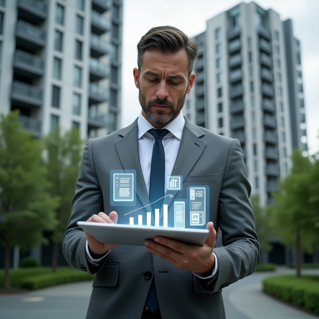 (Ultra-realistic condominium manager in a tailored gray suit, set in a modern luxury condominium environment with high-rise buildings and lush green landscaping, holding a transparent tablet displaying holographic financial charts and icons of invoices, analyzing accounts with a confident, focused expression, symbolic floating graphs and document icons, cinematic lighting, shallow depth of field, highly detailed textures, realistic skin, photographic realism, 8k resolution --ar 1:1 --v 6)