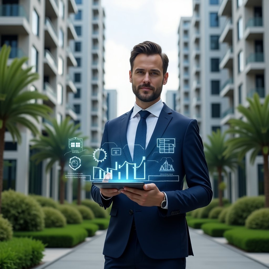 Ultra-realistic property manager in a navy blue tailored suit, set in a modern luxury condominium environment with high-rise buildings and lush green landscaping, holding a digital tablet projecting holographic icons of solar panels, water drops, gears and declining cost graphs, confident expression, cinematic lighting, shallow depth of field, highly detailed textures, realistic skin, photographic realism, 8k resolution --ar 1:1 --v 6