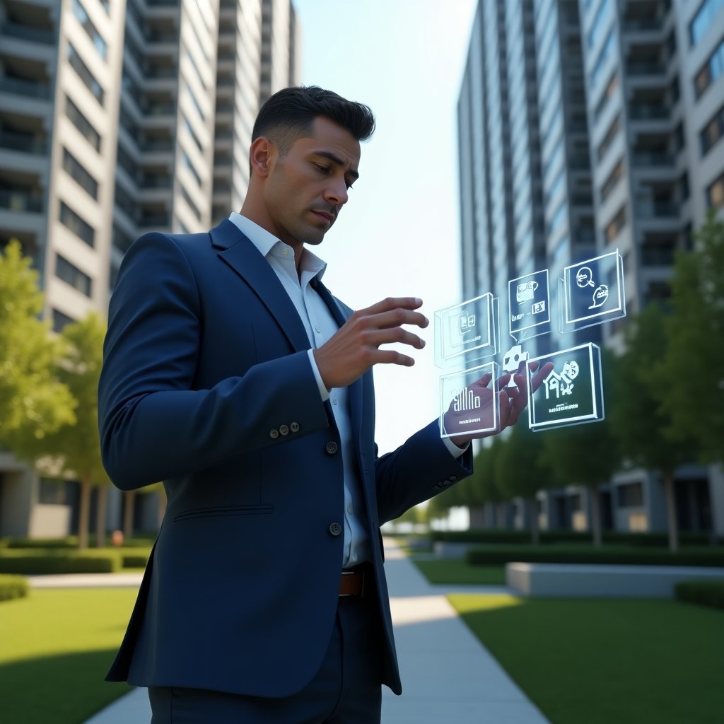 (Ultra-realistic condominium manager in a navy blue suit, set in a modern luxury condominium environment with high-rise buildings and manicured green landscaping, reviewing a floating holographic dashboard of property management data with icons for communication, finance and maintenance, confident and focused expression, cinematic lighting, shallow depth of field, highly detailed textures, realistic skin, photographic realism, 8k resolution --ar 1:1 --v 6)